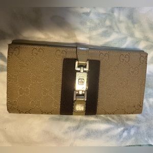 GUCCI GG Canvas Jackie Sherry Line Long Wallet Leather Beige